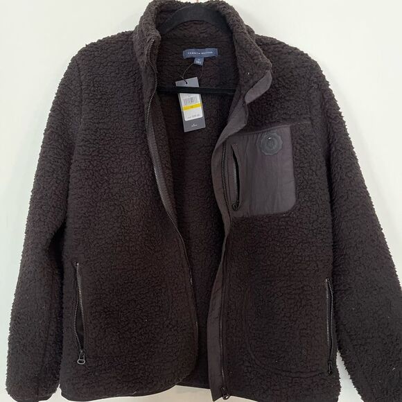 Tommy Hilfiger black faux fur full zipup jacket. Chest/side pockets, brand new,M - Picture 1 of 10
